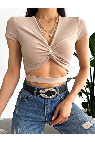 Piovere Butik Crop cu decolteu în V pentru femei, cu centură în talie, din țe...