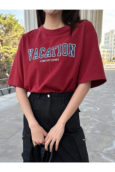 Know Women's Claret Red Vacation Printed Oversize T-shirt