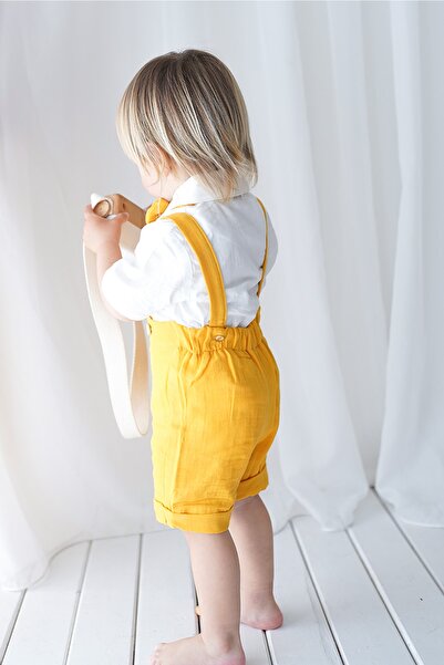 Catz Kids Shorts Salopet Mustard Muslin + Short Sleeve Shirt + Bow Tie