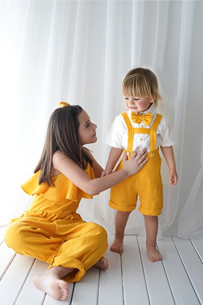 Catz Kids Shorts Salopet Mustard Muslin + Short Sleeve Shirt + Bow Tie
