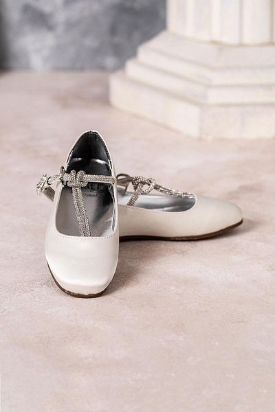 HARLİ Girl's Stone Detailed Mother of Pearl Satin Ballerina Shoes