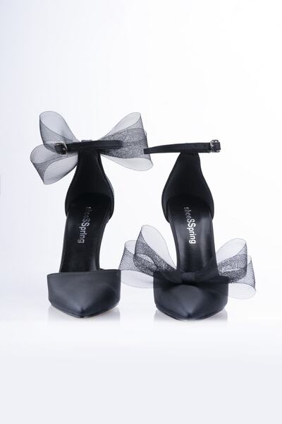 İnce Topuk Siyah Fiyonklu Lu Abiye Kadın Ayakkabı