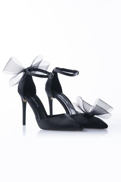 İnce Topuk Siyah Fiyonklu Lu Abiye Kadın Ayakkabı