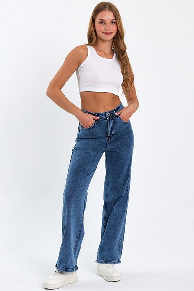 geenz manifacture Porto 90's Snow Wash Mid Blue Lycra Σούπερ ψηλόμεσο φαρδύ τζιν παντελόνι Palazzo