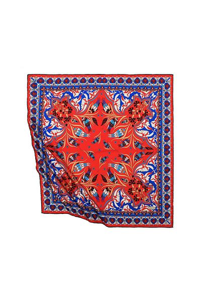 Bursa İpek Red Turkish Motif Chinese Carnation Pattern Silky Scarf