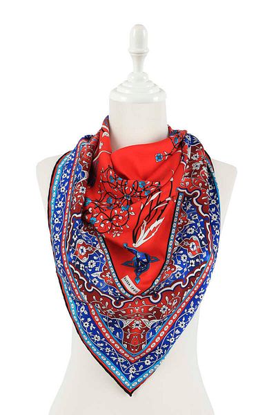 Bursa İpek Red Turkish Motif Candlestick Tulip Pattern Silky Scarf