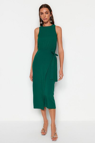 Trendyol Collection Green A-Cut Skirt Binding Detail Crew Neck Midi Woven Dress TWOSS23EL02369