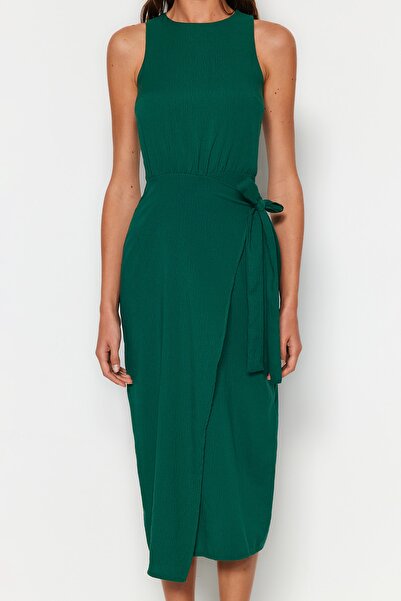 Trendyol Collection Green A-Cut Skirt Binding Detail Crew Neck Midi Woven Dress TWOSS23EL02369