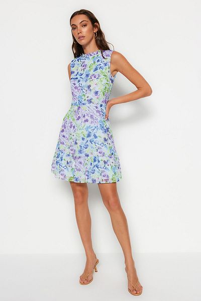 Trendyol Collection Rochie mini țesută albastră, cu linie A, cu volane TWOSS20EL0681