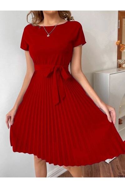 twomeey Γυναικείο κόκκινο φόρεμα από ύφασμα κρεπ με πλισέ φούστα και ζώνη στη...