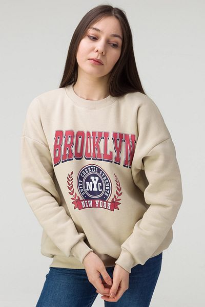 MODAGEN Unisex Μπεζ Μπρούκλιν με στάμπα με λαιμόκοψη oversize φούτερ