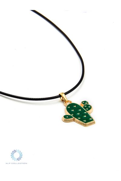 AlpCollection قلادة معدنية من الجلد الصناعي الملون بنمط الصبار الأخضر