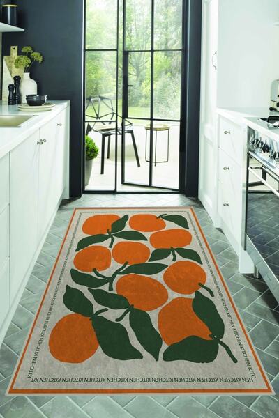 Pilloveland Mutfak Halısı Dijital Baskılı Kaymaz Taban Ve Yıkanabilir - Portakal Desenli