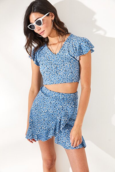 Olalook Women's Indigo Floral Skirt Wrap Bottom Top Set TKM-19000140