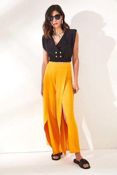 Olalook Women's Mustard Side Zippered Deep Slit Ayrobin Trousers PNT-19000233