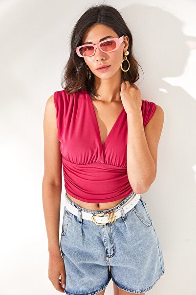 Olalook Γυναικεία αμάνικη φούξια βαθιά χαμηλού κοψίματος μπλούζα Crop με ζώνη BLZ-19001696