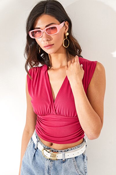 Olalook Γυναικεία αμάνικη φούξια βαθιά χαμηλού κοψίματος μπλούζα Crop με ζώνη BLZ-19001696