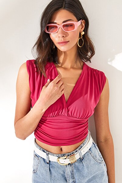 Olalook Γυναικεία αμάνικη φούξια βαθιά χαμηλού κοψίματος μπλούζα Crop με ζώνη BLZ-19001696