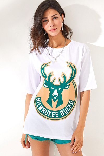 Olalook Tricou de damă din bumbac cu imprimeu cerb alb TSH-19000754