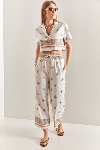 Bianco Lucci Γυναικείο Σετ παντελόνι με κοντομάνικο Ethnic λινό Crop