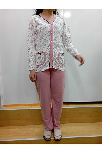 NUR TEKSTİL Kadın Gül Kurusu Pamuklu Önden Düğmeli Cepli Pijama Takımı