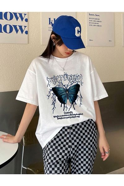 My Blog Biały T-shirt oversize z nadrukiem w motyle