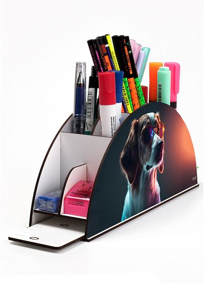 kutuTR Wooden Vip Dog And Cat Model Rainbow Ruled Desktop Pen Holder Organizer Assembled Boxed