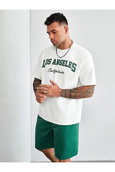 Machetta Plus Size White Green Los Angeles Printed Black Shorts T-shirt Summer Suit