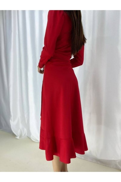 twomeey Women's Red, Crepe Fabric Midi Length Belted Long Sleeve Dress (RED)