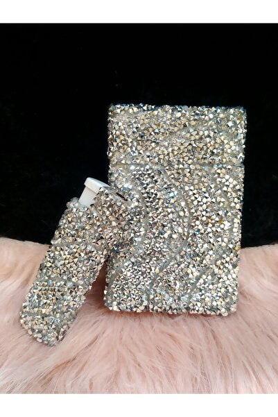 NESGIFT Gümüş Parlak Sivri Taşlı Slim (ince) Kısa Sigara Kutusu Ve Çakmak Seti