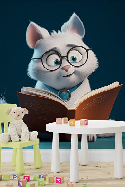 Dekoros 3d Kitap Okuyan Gözlüklü Beyaz Kedi Çocuk Odası Poster Duvar Kağıdı T...