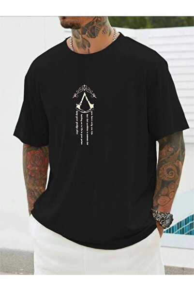 blausee wear Tricou negru pentru bărbați, cu imprimeu vertical, cu decolteu circular supradimensionat