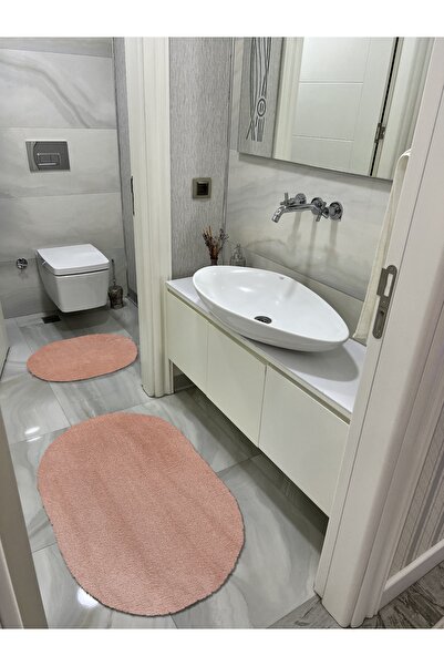 Shal&Shal Laser Cut 2-Piece Bath Mat Powder Brown Plush Carpet Oval Model