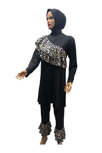 eflin Women's Clothing Black-cream Leopard Print Valon Full Covered Hijab Swimsuit Plus Size Option