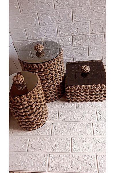 Egindra Wicker Mini Decorative 3-Piece Glass Lid Set - Round and Square Organizer-Basket