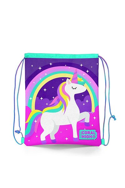 Coral High Kids Purple Aqua Green Unicorn Patterned Drawstring Drawstring Backpack 22483