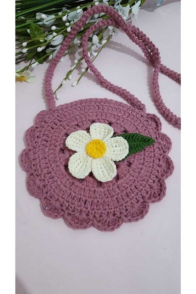 Kadın Girişimciler Atölyesi Bag Daisy Motif Dried Rose Color Handmade Knitted Bag
