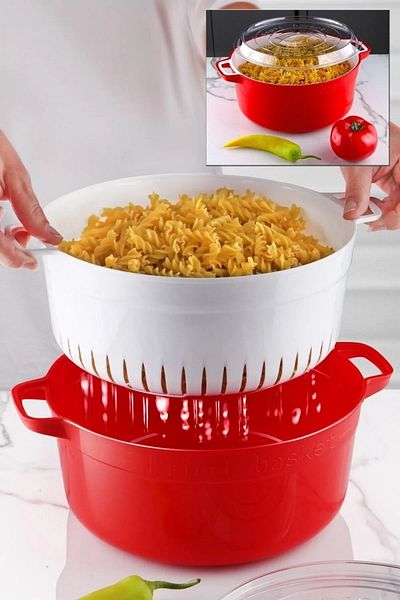 Open Home Concept Round Pot Model with Strainer Fruit - Vegetable Storage Container Red