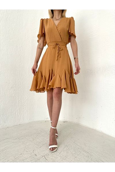 NARKISS Tie Waist Lined Camel Linen Double Breasted Dress