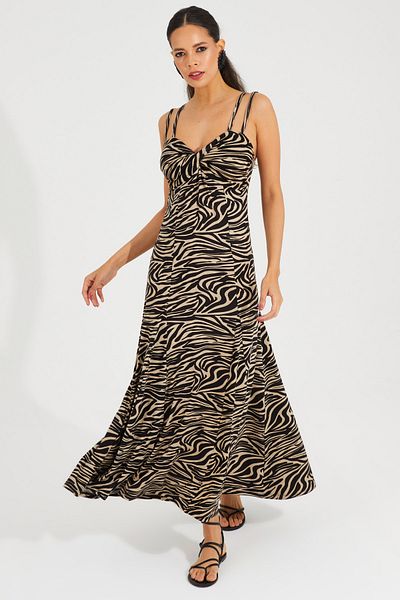 Cool & Sexy Women's Ecru-Black Knotted Front Double Strap Midi Dress BK1654