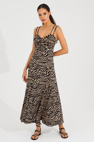 Cool & Sexy Women's Ecru-Black Knotted Front Double Strap Midi Dress BK1654