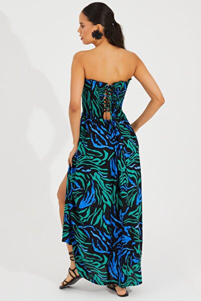 Cool & Sexy Γυναικείο Μαύρο-Πράσινο Ελαστικό Μίντι Φόρεμα Στράπλες BK1652