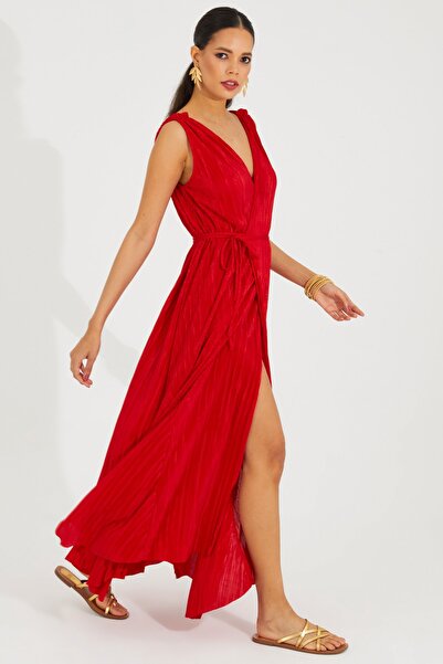 Cool & Sexy Γυναικείο μάξι φόρεμα κόκκινο διπλό με πλισέ BK1649