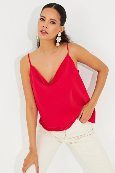 Cool & Sexy Rote Damenbluse mit Rüschenkragen und Trägern GÖK947