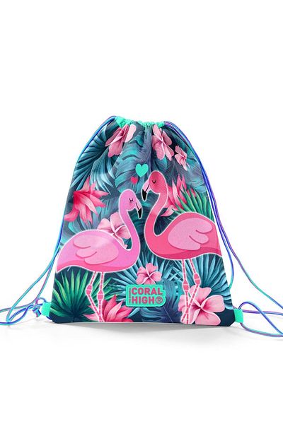 Coral High Kids Neon Coral Water Green Flamingo Patterned Drawstring Drawstring Backpack 22484