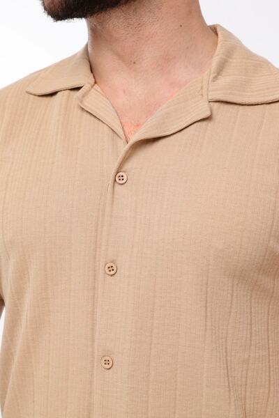 THE BRANDS 4 Erkek Bej Desenli Pamuklu Yazlık Kısa Kollu Gömlek