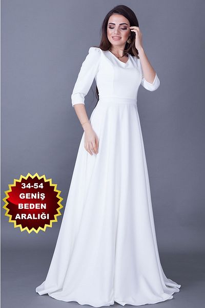 lovebox Rochie de seară, albă, maxi, cu decolteu în V, cu mâneci 3/4 pentru femei, țesătură Atlas 257