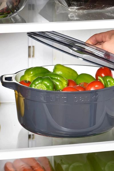 Open Home Concept Round Pot Model Fruit and Vegetable Storage Container with Strainer Anthracite