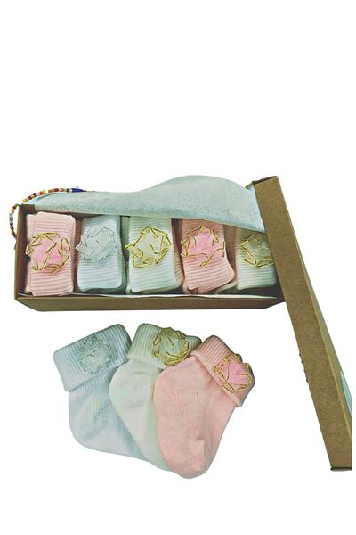 Akface Box of 5 Washed Organi KNewborn Baby Girl Socks with Rose Accessories 0-6 Months