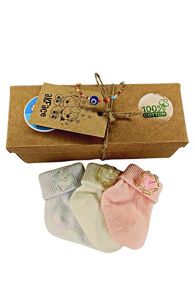 Akface Box of 5 Washed Organi KNewborn Baby Girl Socks with Rose Accessories 0-6 Months